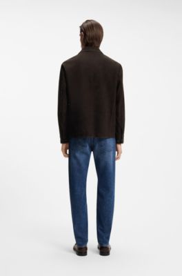 Button-up jacket in suede with checked lining, Dark Brown