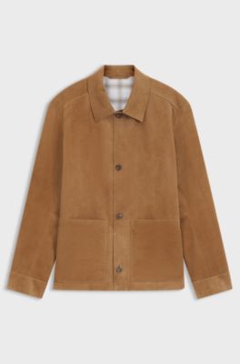 Button-up jacket in suede with checked lining, Light Brown