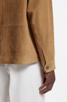 Button-up jacket in suede with checked lining, Light Brown