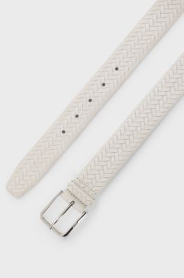 Ceinture en cuir su&eacute;d&eacute; tress&eacute; avec boucle logot&eacute;e, Naturel