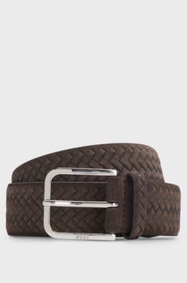 Woven-suede belt with logo buckle, Dark Brown