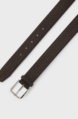 Woven-suede belt with logo buckle, Dark Brown