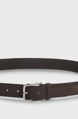 Cintura in pelle scamosciata lavorata con fibbia con logo, Marrone scuro