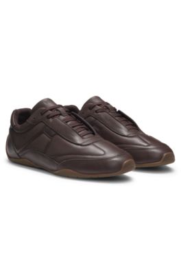Leather trainers with logo detail, Dark Brown