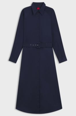 Belted maxi dress in cotton satin, Dark Blue