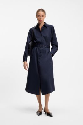 Belted maxi dress in cotton satin, Dark Blue