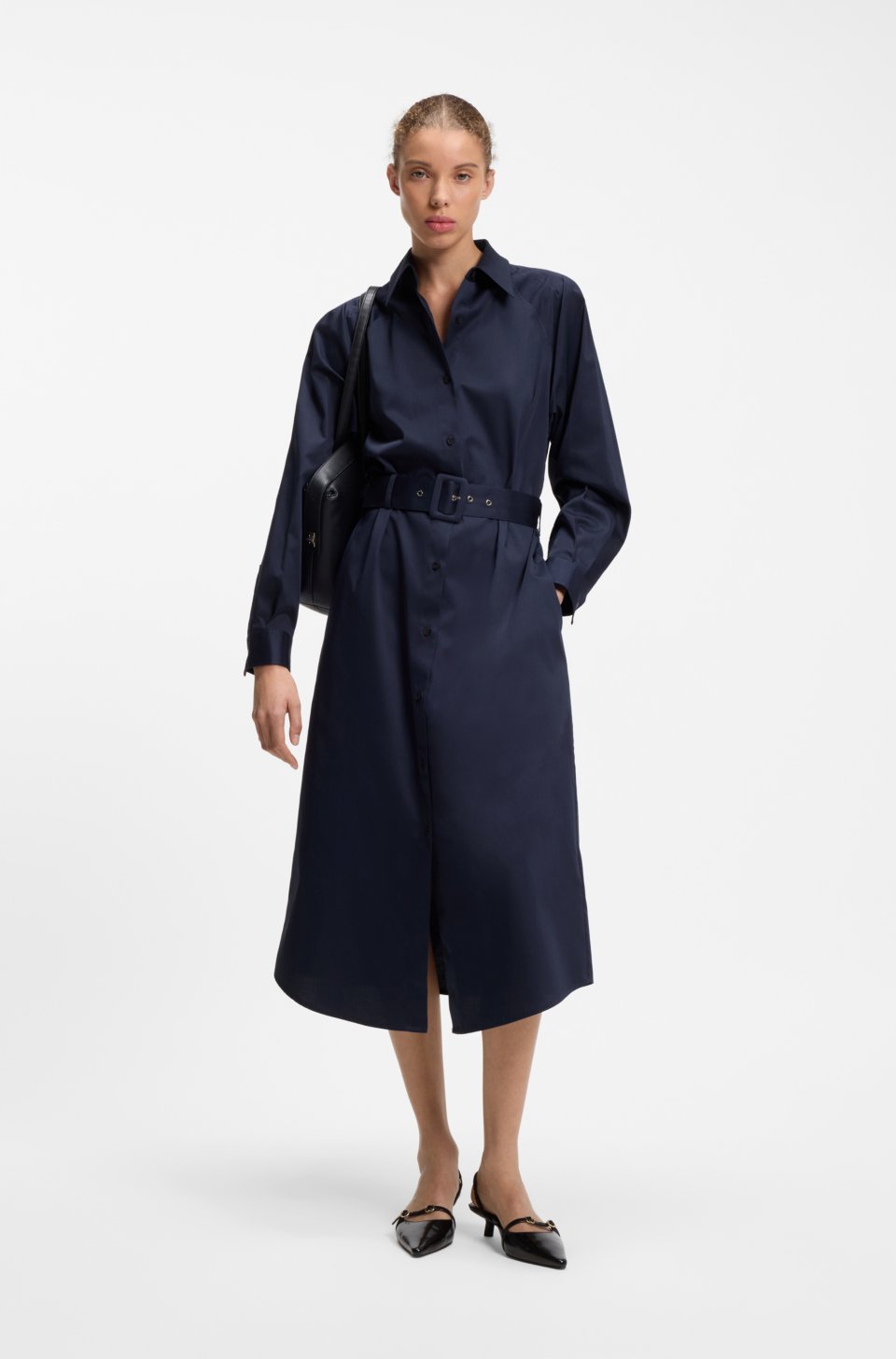 Belted maxi dress in cotton satin