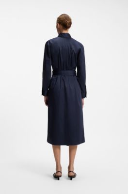 Belted maxi dress in cotton satin, Dark Blue