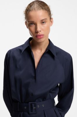 Belted maxi dress in cotton satin, Dark Blue