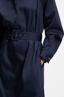 Vestido maxi con cintur&oacute;n en sat&eacute;n de algod&oacute;n, Azul oscuro