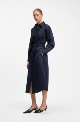 Vestido maxi con cintur&oacute;n en sat&eacute;n de algod&oacute;n, Azul oscuro