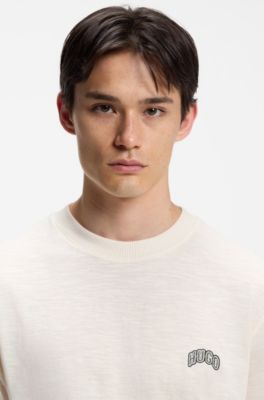 Regular-fit cotton T-shirt with varsity logo, Natural
