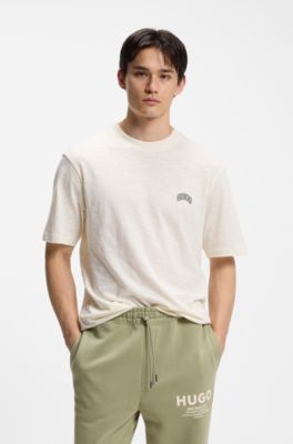 Regular-fit cotton T-shirt with varsity logo, Natural