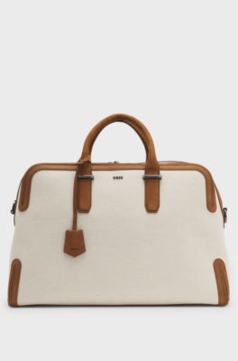 Weekender aus Canvas mit Lederbesatz, Natur