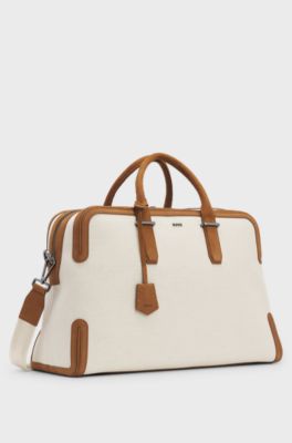 Weekender aus Canvas mit Lederbesatz, Natur