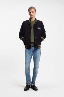 Varsity jacket in cotton corduroy with logo patch, Black