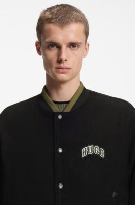 Giubbotto stile college in velluto a coste di cotone con toppa con logo, Nero