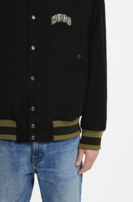 Varsity jacket in cotton corduroy with logo patch, Black