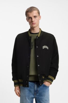 Varsity jacket in cotton corduroy with logo patch, Black