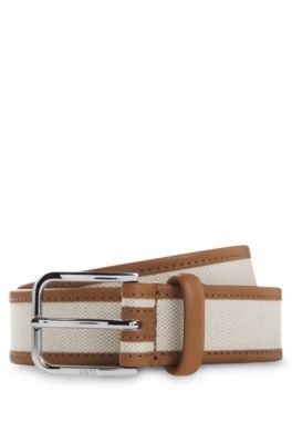 Pin-buckle belt in leather and canvas, Light Beige