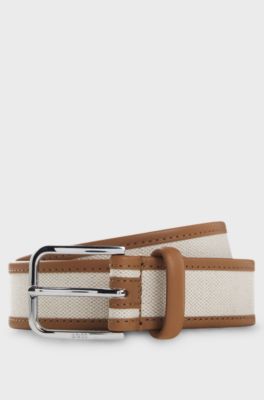Pin-buckle belt in leather and canvas, Light Beige