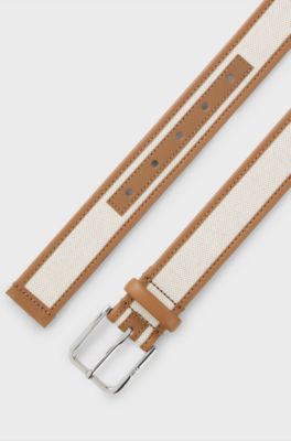 Pin-buckle belt in leather and canvas, Light Beige