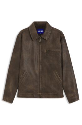 HUGO BOSS ブラウンレザージャケット HUGO - フェイクレザー ジャケット クロスシェイプ ジッププル - ブラウン