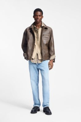 Faux-leather jacket with cross-shaped zip-puller, Brown