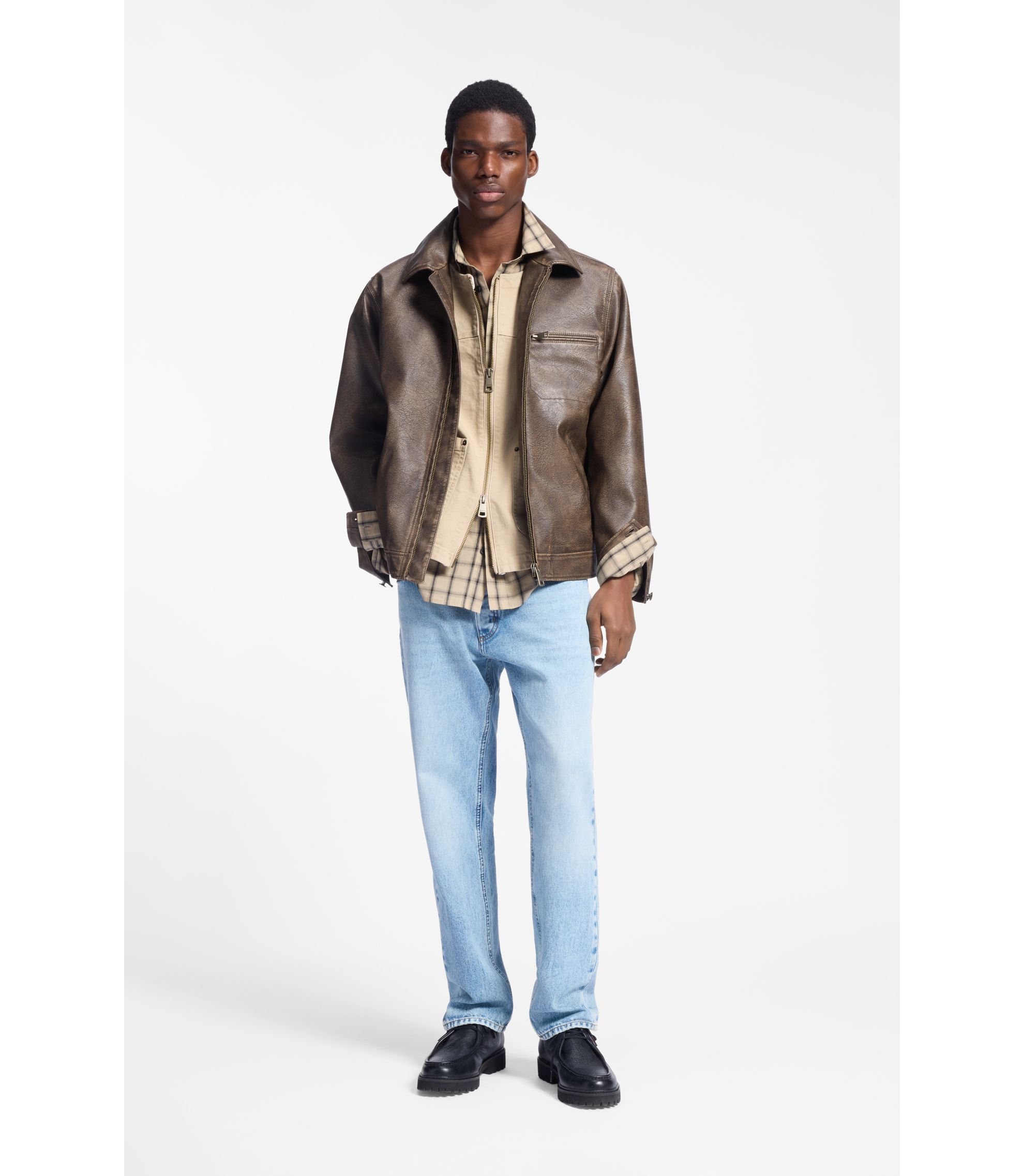 HUGO - Faux-leather jacket with cross-shaped zip-puller - Brown