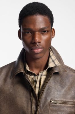 Faux-leather jacket with cross-shaped zip-puller, Brown