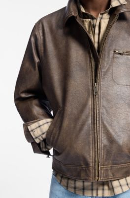 Faux-leather jacket with cross-shaped zip-puller, Brown