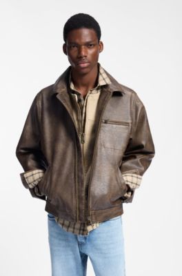 Faux-leather jacket with cross-shaped zip-puller, Brown