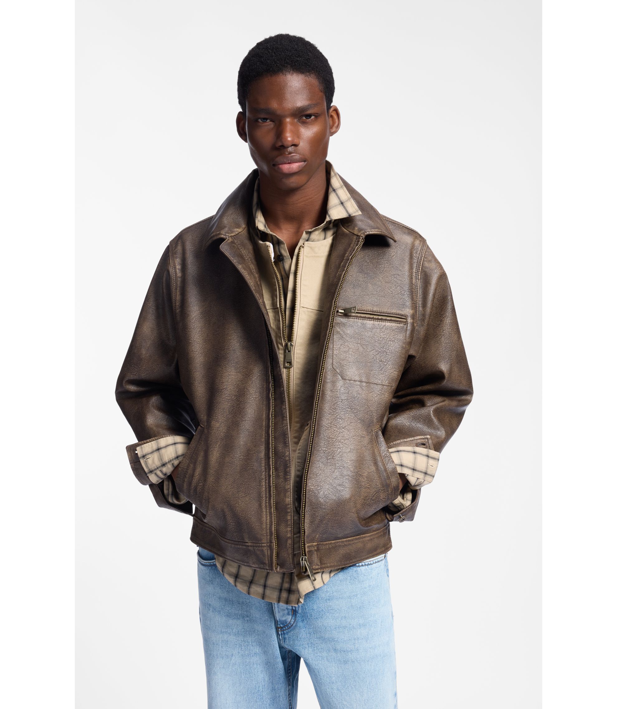 HUGO - Faux-leather jacket with cross-shaped zip-puller - Brown