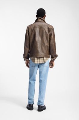 Faux-leather jacket with cross-shaped zip-puller, Brown