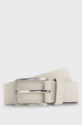 Italian-suede belt with logo details, Natural