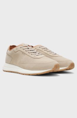 Suede trainers with perforated details, Beige