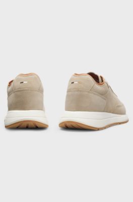 Suede trainers with perforated details, Beige