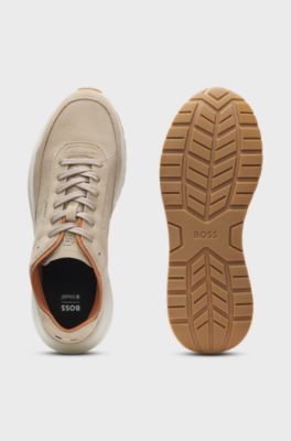 Suede trainers with perforated details, Beige