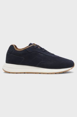 Suede trainers with perforated details, Dark Blue