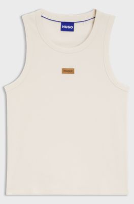 Ribbed tank top with suede logo badge, Natural