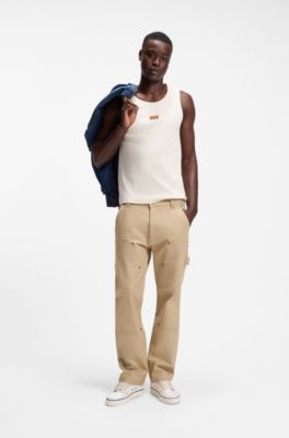 Ribbed tank top with suede logo badge, Natural