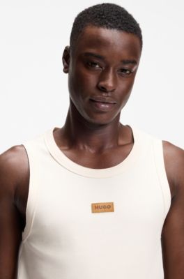 Ribbed tank top with suede logo badge, Natural