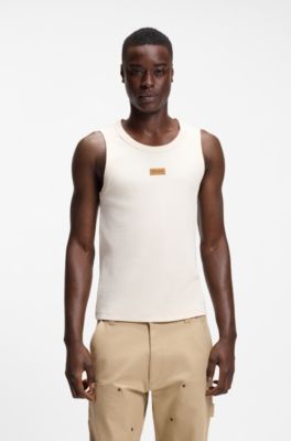 Ribbed tank top with suede logo badge, Natural