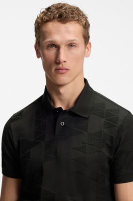 Regular-fit cotton knit polo with 3D jacquard design, Black