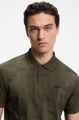 Regular-fit cotton knit polo with 3D jacquard design, Olive