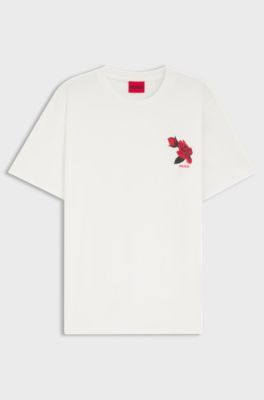 Camiseta de punto de algod&oacute;n con gr&aacute;ficos de rosas e inspiraci&oacute;n motera, Natural
