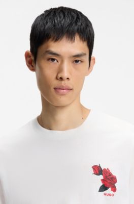 Cotton-jersey T-shirt with biker-inspired and roses graphic, Natural