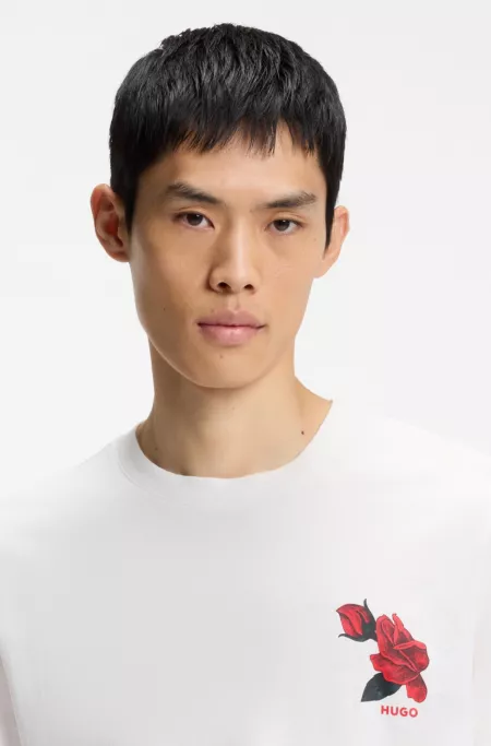 Cotton-jersey T-shirt with biker-inspired and roses graphic