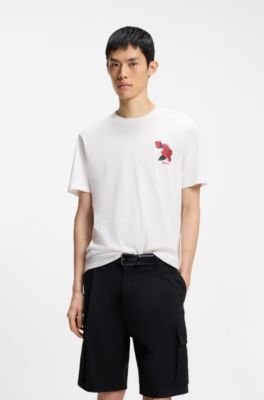 Cotton-jersey T-shirt with biker-inspired and roses graphic, Natural