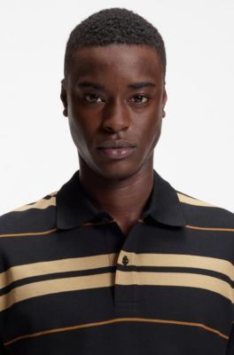 Regular-fit polo in cotton piqu&eacute; with engineered stripes, Blue / Beige